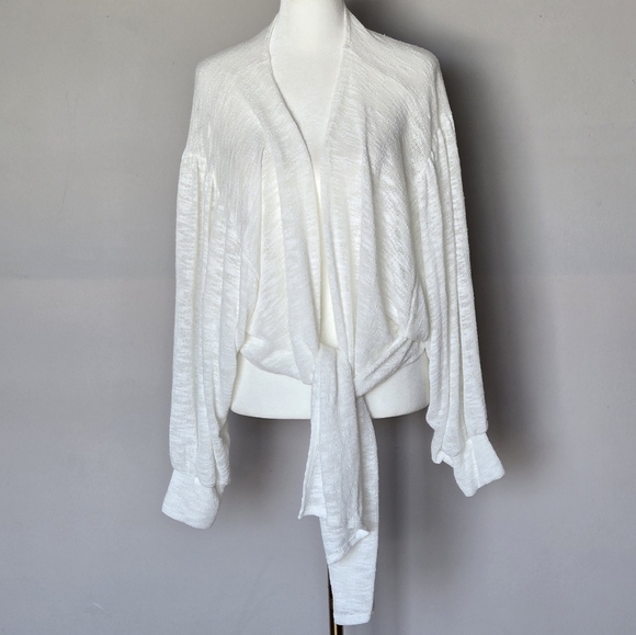 Stitch + Feather Tie Front Cardigan Balloon Sleeves Gauzy Layering Boho Sweater - Picture 12 of 12